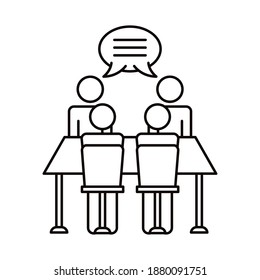 four workers talking in table coworking line style icon vector illustration design