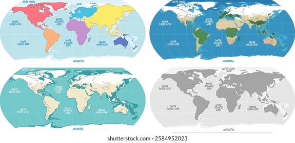 Four world maps with different colors and styles