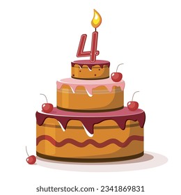 Torta de cuatro años. Pastel de cumpleaños vectorial. Torta de vacaciones con velas.  Gran tarta de cerezo con fondo blanco. Niño de cuatro años.