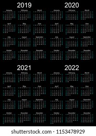 Four year calendar - 2019, 2020, 2021 and 2022 in black background.