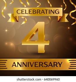 Four Years Anniversary Celebration Design. Confetti and gold ribbon on golden background. Colorful Vector template elements for your birthday party. Anniversary ribbon