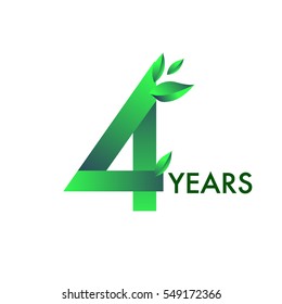 four years anniversary celebration logotype with leaf and green colored. 4th birthday logo on white background