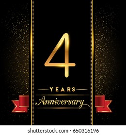 four years anniversary celebration logotype. 4th anniversary logo with confetti golden colored and red ribbon isolated on black background, vector design for greeting card and invitation card