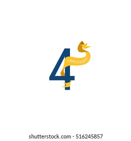 Four Years Anniversary with Yellow Ribbon. 4th Logo Celebration Isolated on White Background