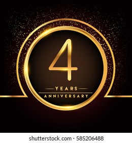 four years birthday celebration logotype. 4th anniversary logo with confetti and golden ring isolated on black background, vector design for greeting card and invitation card.