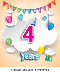 four Years Birthday Design for greeting cards and poster, with clouds and gift box, balloons. using Paper Art Design Style. vector elements for anniversary celebration.