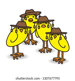 Four Yellow Aussie Chicks Staring towards camera wearing traditional Australian Bush Hats