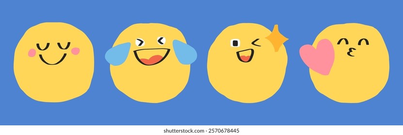 Four yellow emojis with various expressions on a blue background. Smiling, winking, laughing, and blowing a kiss. Fun, playful, and expressive emojis. Hand drawn cute emoticon illustration. Vectors.