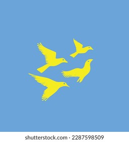 Four yellow flying birds in the sky vector art.