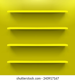 Four yellow gorizontal bookshelves on the wall