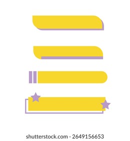 Four yellow horizontal bars with rounded ends, outlined in lavender, stacked vertically, each with unique stylistic variations, creating a playful, graphic design.