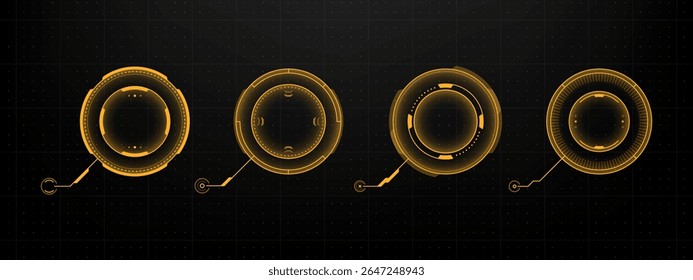Cuatro círculos amarillos del hud con los Elementos digitales. Gráficos de Vector de pantalla frontal futurista para la interfaz de pantalla virtual.