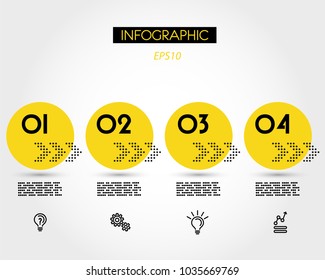four yellow infographic circle with triple dotted arrow, concept of options