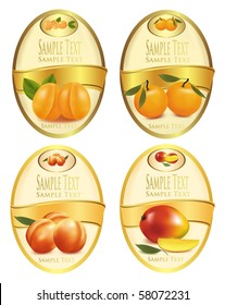 Four yellow labels with different sorts of fruit. Vector.