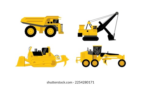 four yellow mining vehicle set flat element isolated on white background.