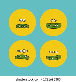 Four yellow Monsters. Round Face Avatars. Various expressions, emotions. Hand drawn Vector Set. Trendy illustration. Cartoon style. Simple flat design for kids. Isolated Icons on blue background