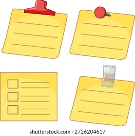 Cuatro ilustraciones amarillas del papel de la nota con el Clip rojo, el perno del empuje, la cinta, y las cajas de la lista de comprobación