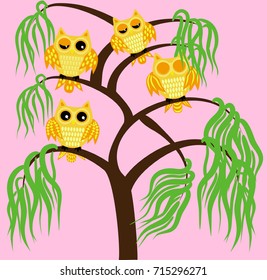 Four yellow owls on a tree branch: sleeping, awake, two with half-open eyes