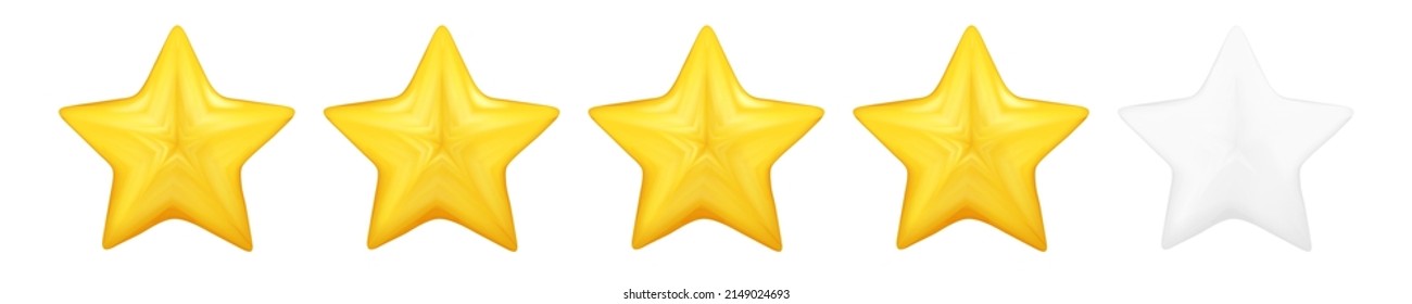 Four yellow stars glossy colors. Achievements for games. Customer rating feedback concept from client about employee of website. 3d design. Vector illustration