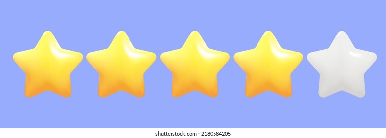 Four yellow stars glossy colors. Achievements for games. Customer rating feedback concept from client about employee of website. 3d design. Vector illustration