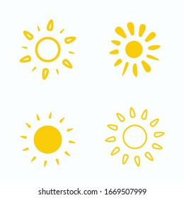 Four Yellow Suns. Set Of Painted Yellow Suns. Vector Solar Symbols Set.
