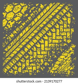 Four yellow tire tracks with grunge background and frame. Abstract transportation wallpaper with tyre marks