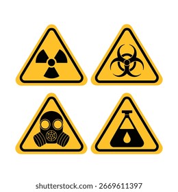 Cuatro triángulos amarillos de advertencia con símbolos de peligro negros: radiación, riesgo biológico, máscara de gas y frasco químico, aislados sobre fondo blanco.