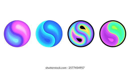 Four yin yang signs, different colors on a white background