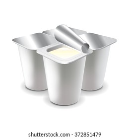 Four yogurt cups isolated on white photo-realistic vector illustration