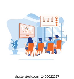 Four young businesspeople are sitting in a conference room. Learn SEO performance using LCD screens to improve company business. SEO concept. trend modern vector flat illustration