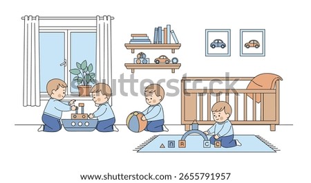 Four young children engaged in play activities within a cozy nursery room environment