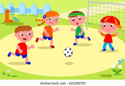 Four young friends are playing soccer on the grass. Vector image.