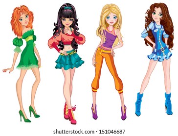 four young girls are in a fashionable clothing