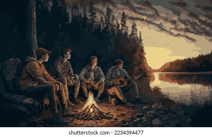 four young men were camping beside a forest river