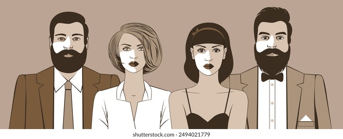 Four young people in elegant clothes for a wedding or celebration. Couples in love, men and women in evening wear, dress code, party, holiday. Illustration of modern city life. Vector illustration