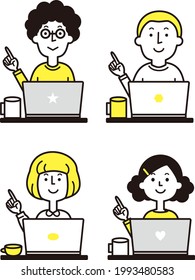 Four young people posing in front of a computer (two colors)