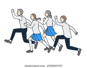 Four young people running and jumping. Simple vector illustration of friendly high school students.