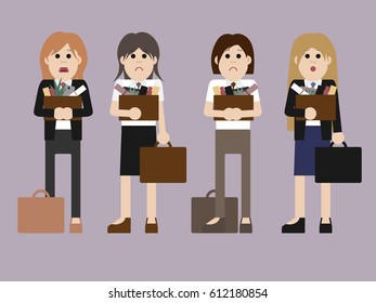 Four young sad trendy businesswomen looking for new job wearing suits and ties with cases, isolated on brown background
