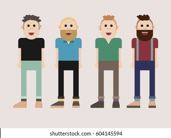 Four young smiling men characters, isolated on light backgrond