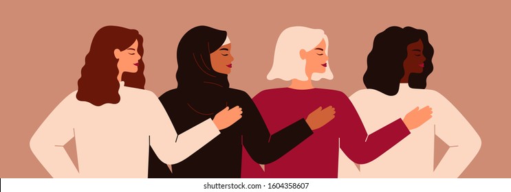 Four young strong women or girls standing together. Group of friends or feminist activists support each other. Feminism concept, girl power poster, international women's day holiday card. Vector