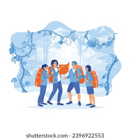 Four young tourists with backpacks on their backs got lost in the forest while on a tourist trip.  Tourist Guide concept. trend modern vector flat illustration