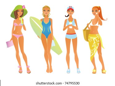 Four young women in different beach outfits