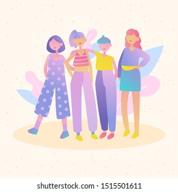 Four young women dressed in trendy clothes standing together. Group of friends or feminist activists. Flat colored vector illustration