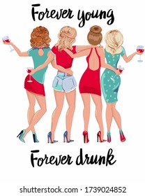 
Four young women. Girlfriends at the party drink red wine. Stock vector illustration.