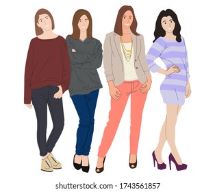 Four young women or girls dressed in casual clothes standing together. Group of friends or feminist activists. Female cartoon characters isolated on white background. Flat colored vector illustration.