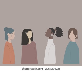 Four young women or girls dressed in trendy clothes standing together. Group of friends or feminist activists. Female cartoon characters isolated on  beige background. Flat vector illustration.