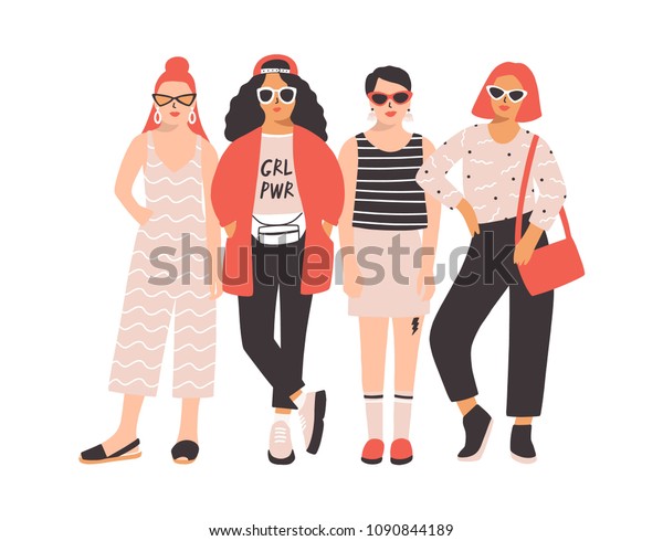 4人の若い女性か女の子が 流行の服を着て一緒に立っている 友人やフェミニスト活動家のグループ 白い背景に女性の漫画のキャラクター 平らな色のベクター イラスト のベクター画像素材 ロイヤリティフリー 1090844189