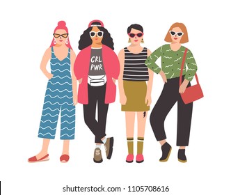 Four young women or girls wearing stylish clothing standing together. Group of female friend, feminists or feminism activists. Cartoon characters isolated on white background. Vector illustration.