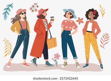 Four young women in stylish autumn or spring clothes standing together. Girlfriends, cartoon style, standing and talking to each other. Vector illustration in flat style. Portrait of lady character 