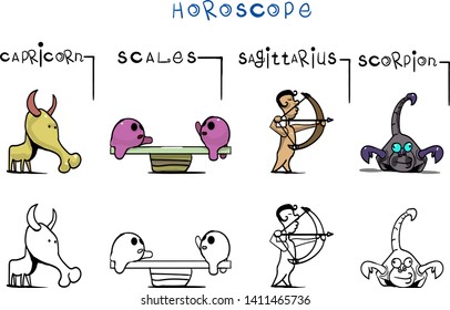 Four zodiac signs are arranged in a row. Among them are horoscope characters such as Capricorn, Libra, Archer and Scorpio. There are words drawn above the objects.